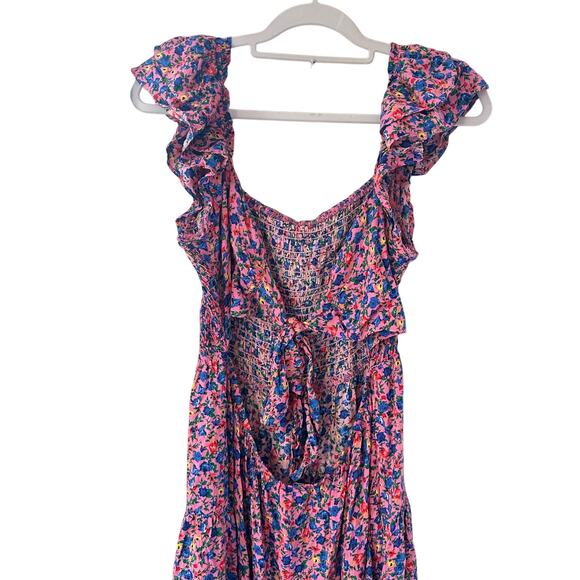 Women's Summer Floral Maxi Dress Square Neck Smocked Boho Ruffle Tie Back Flowy - Picture 5 of 8